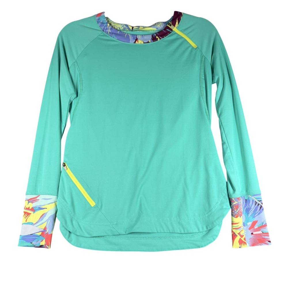 Title Nine Shirt Womens Small Green Long Sleeve Crew Neck Zip Pocket Athletic